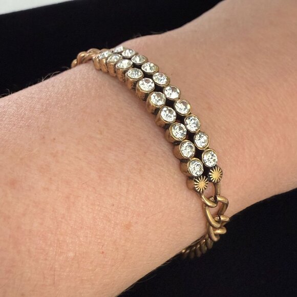 J Crew Gold-Tone Chain Bracelet With Double Row Clear Rhinestones Lobster Clasp - Picture 4 of 12